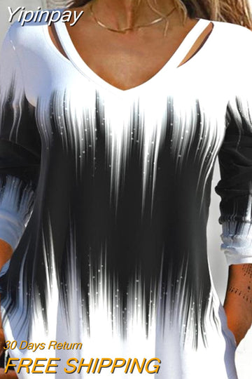 Yipinpay Woman Blouses Shirt Ombre Abstract Print Long Sleeve Top Clothing T-Shirts Pullover Top Autumn Winter New Female Outfits